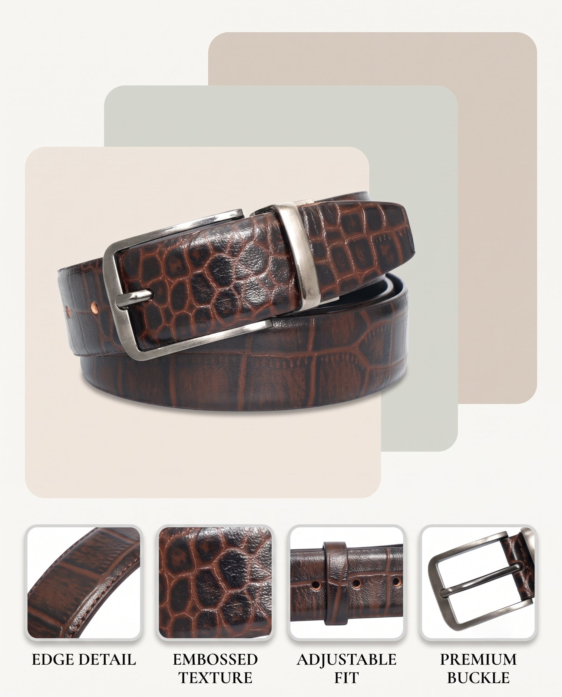 Drake Elite Hand-Burnished Croc Full-Grain Formal Leather Belt for Men Infographics Mahogany Brown