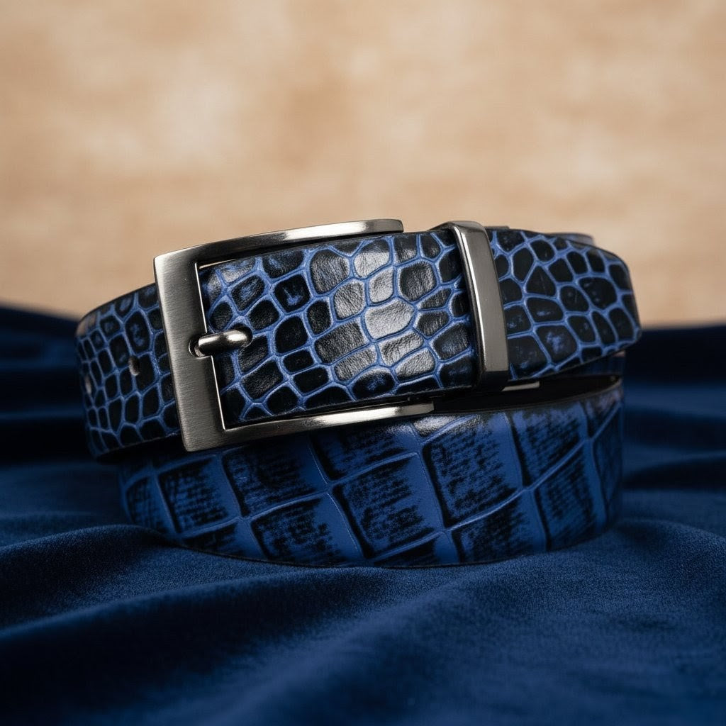 Drake Elite Hand-Burnished Croc Full-Grain Leather Belt Men Hero Steel Blue