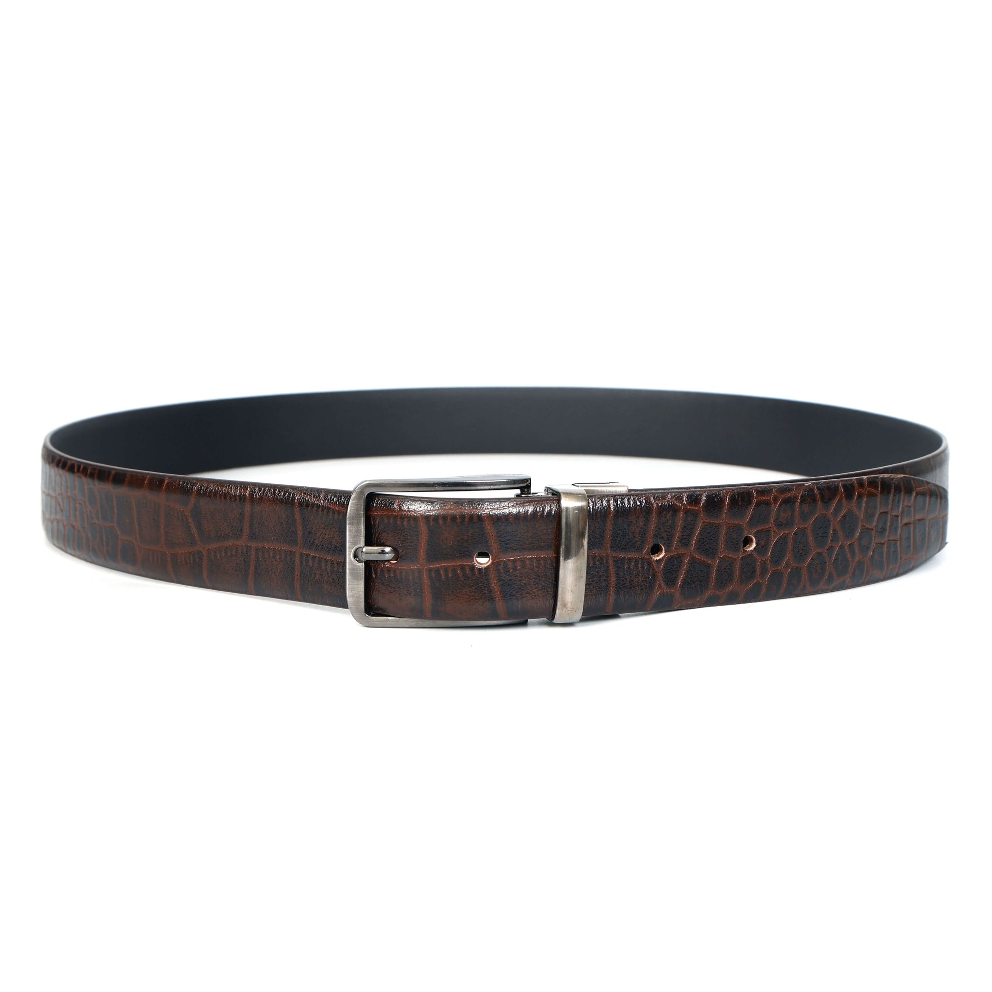 Drake Elite Hand-Burnished Croc Full-Grain Leather Men Model Flat lay Front Mahogany Brown