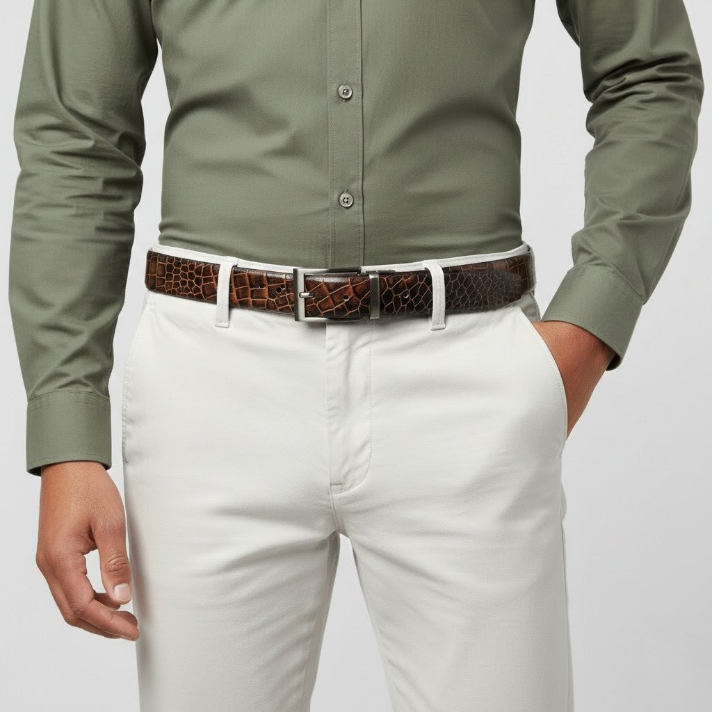 Drake Elite Hand-Burnished Croc Full-Grain Leather Men Model Front Burnt Cognac