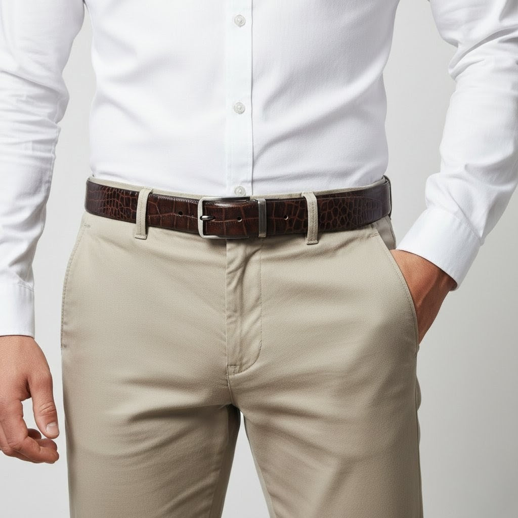 Drake Elite Hand-Burnished Croc Full-Grain Leather Men Model Front Mahogany Brown