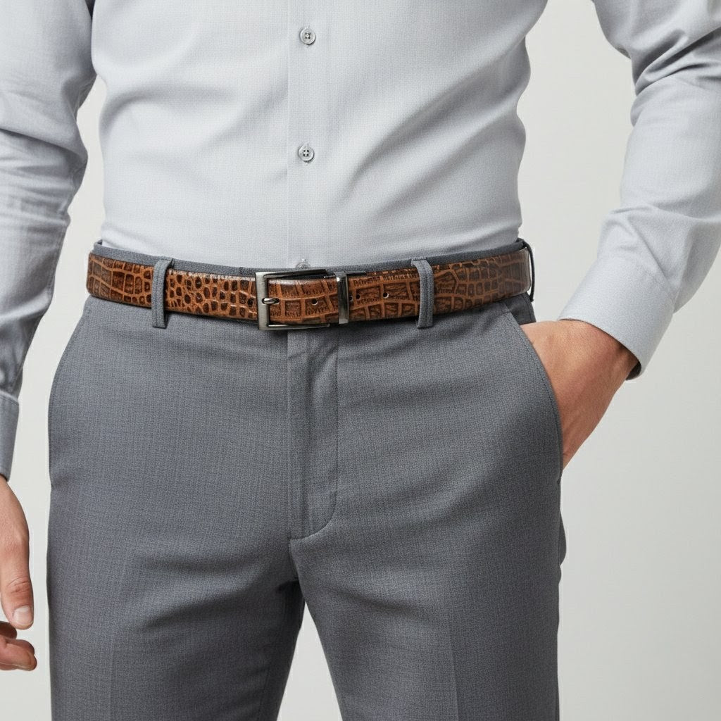 Drake Elite Hand-Burnished Croc Full-Grain Leather Men Model Front Tan