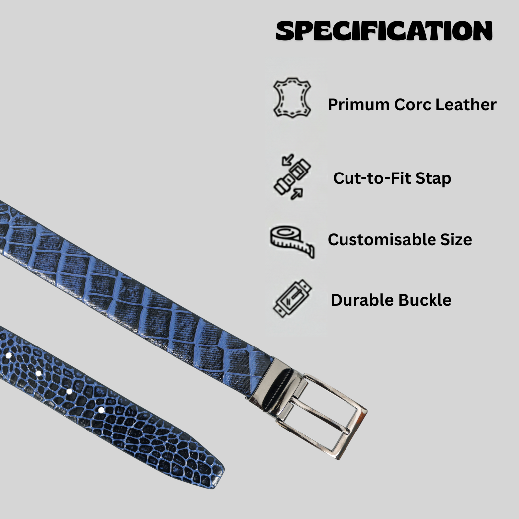Drake Elite Hand-Burnished Croc Full-Grain Leather Men Model Infographics Steel Blue