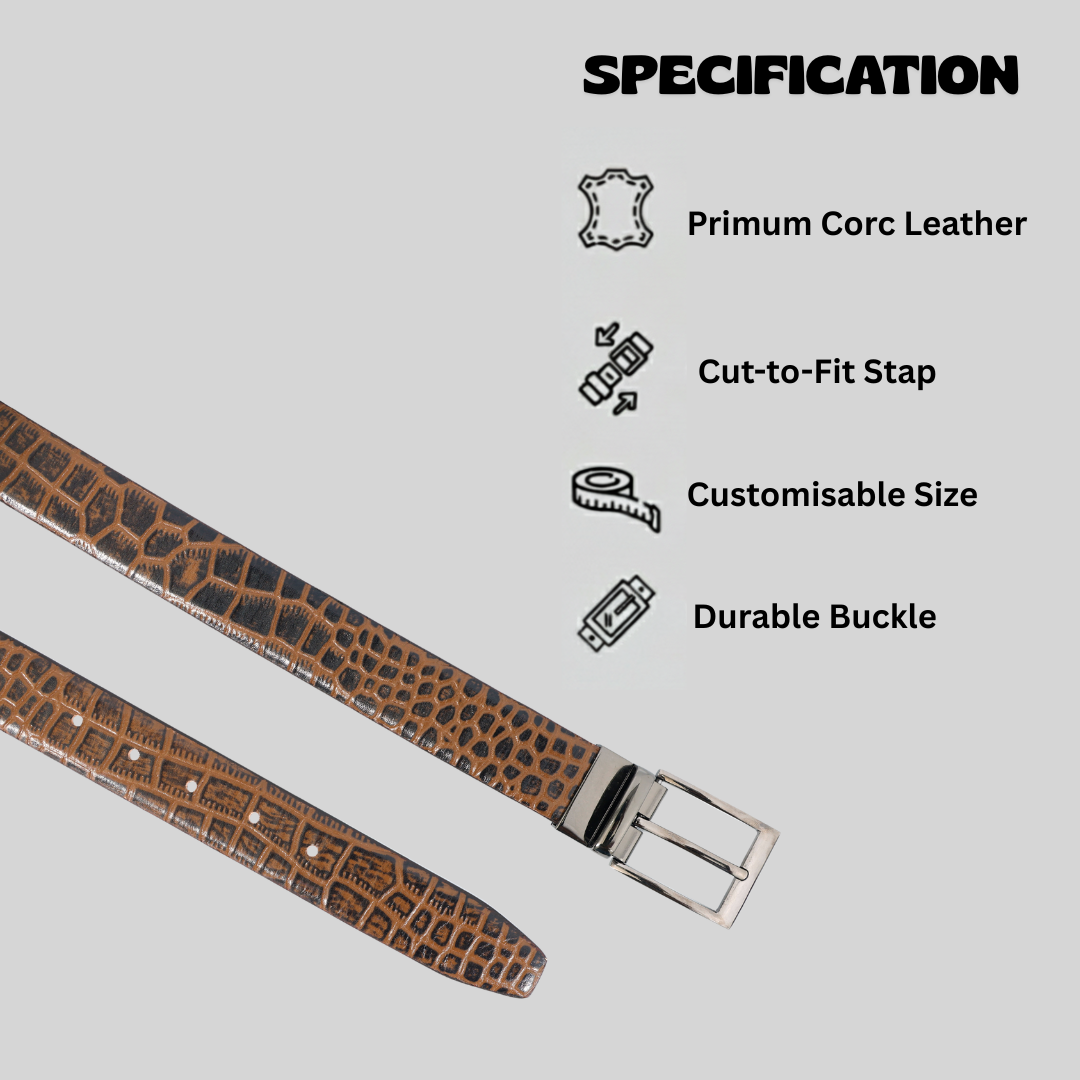 Drake Elite Hand-Burnished Croc Full-Grain Leather Men Model Infographics Tan