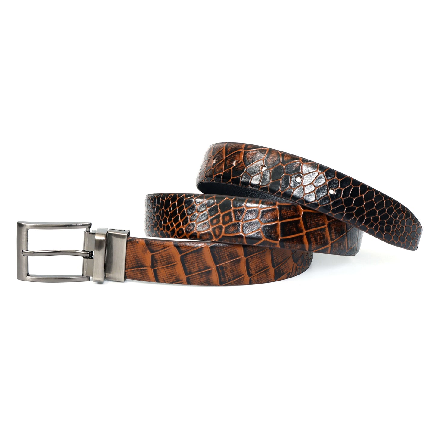 Drake Elite Hand-Burnished Croc Full-Grain Leather Men Rolled Burnt Cognac