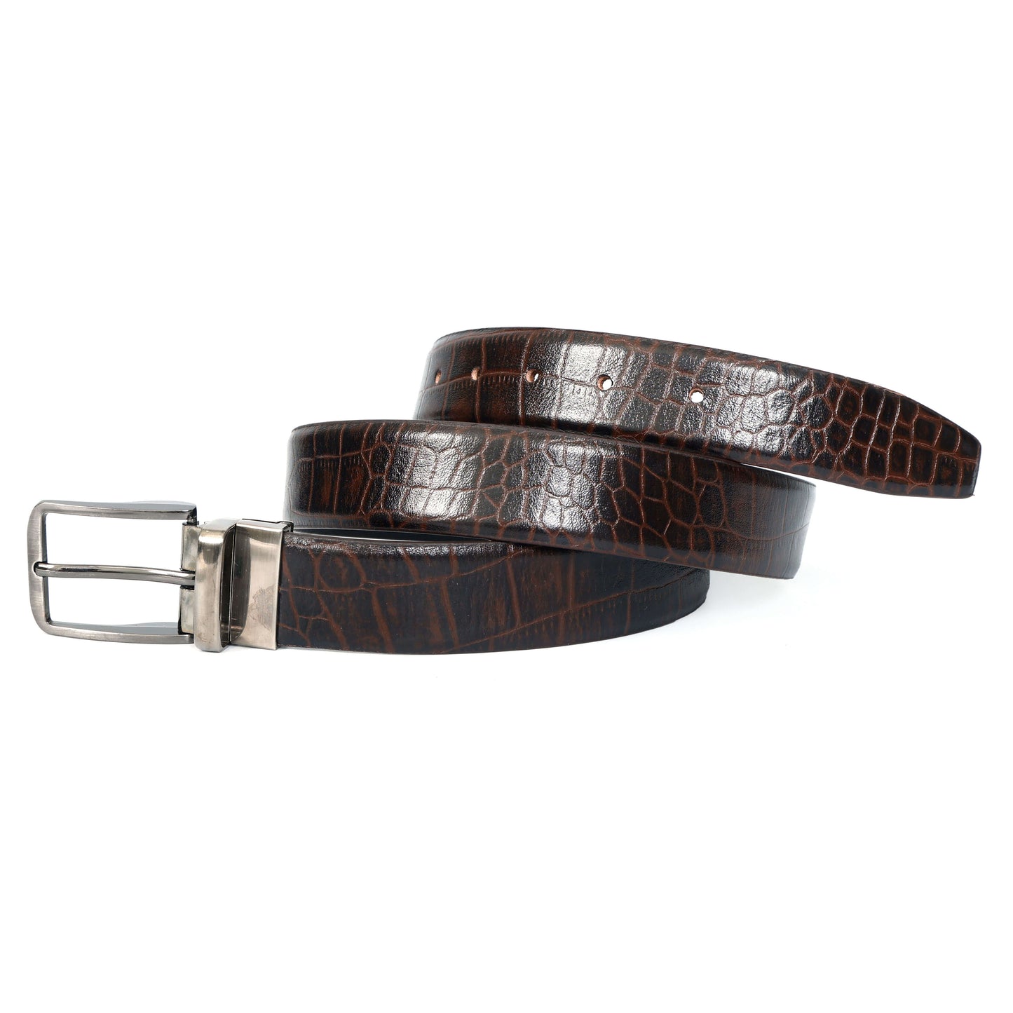 Drake Elite Hand-Burnished Croc Full-Grain Leather Men Rolled Mahogany Brown