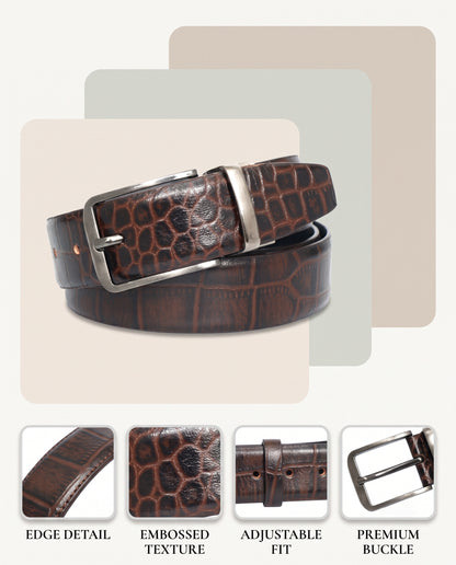 Drake Elite Hand Burnished Full Grain Croc Embossed Leather Belt for Men Infographics Mahogany Brown