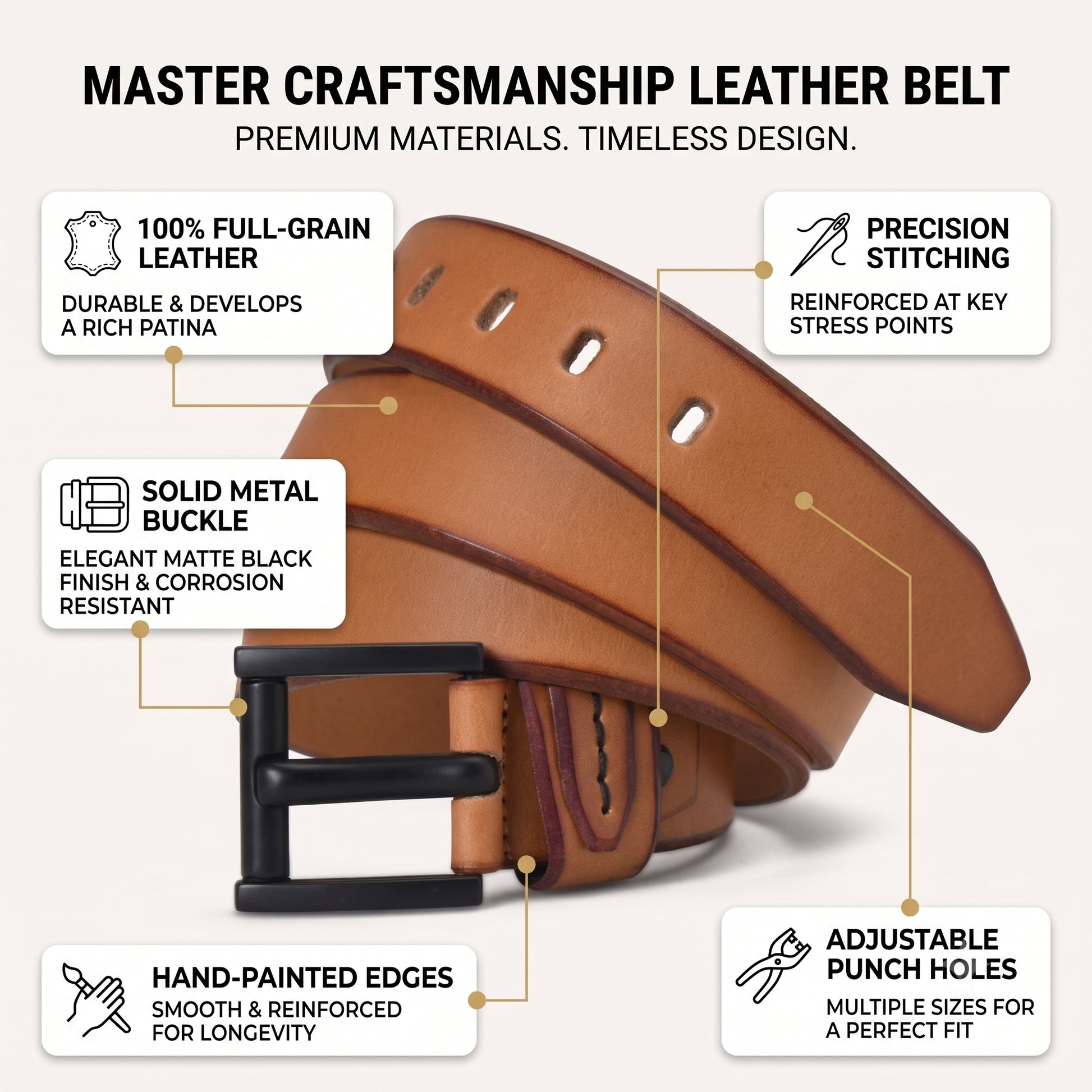 Foster Elite Full Grain Natural Smooth Finish Leather Belt Infographic Camel Tan