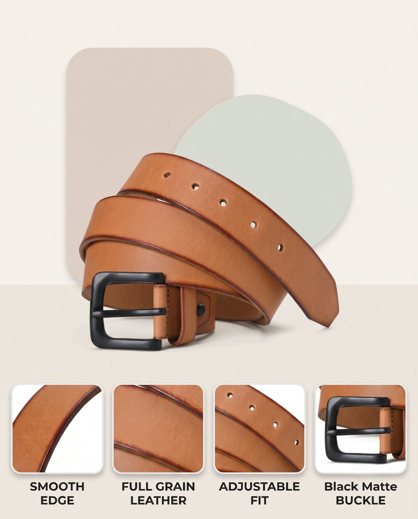 Foster Men's Full Grain Leather Belt Natural Smooth Finish Infographic Camel Tan