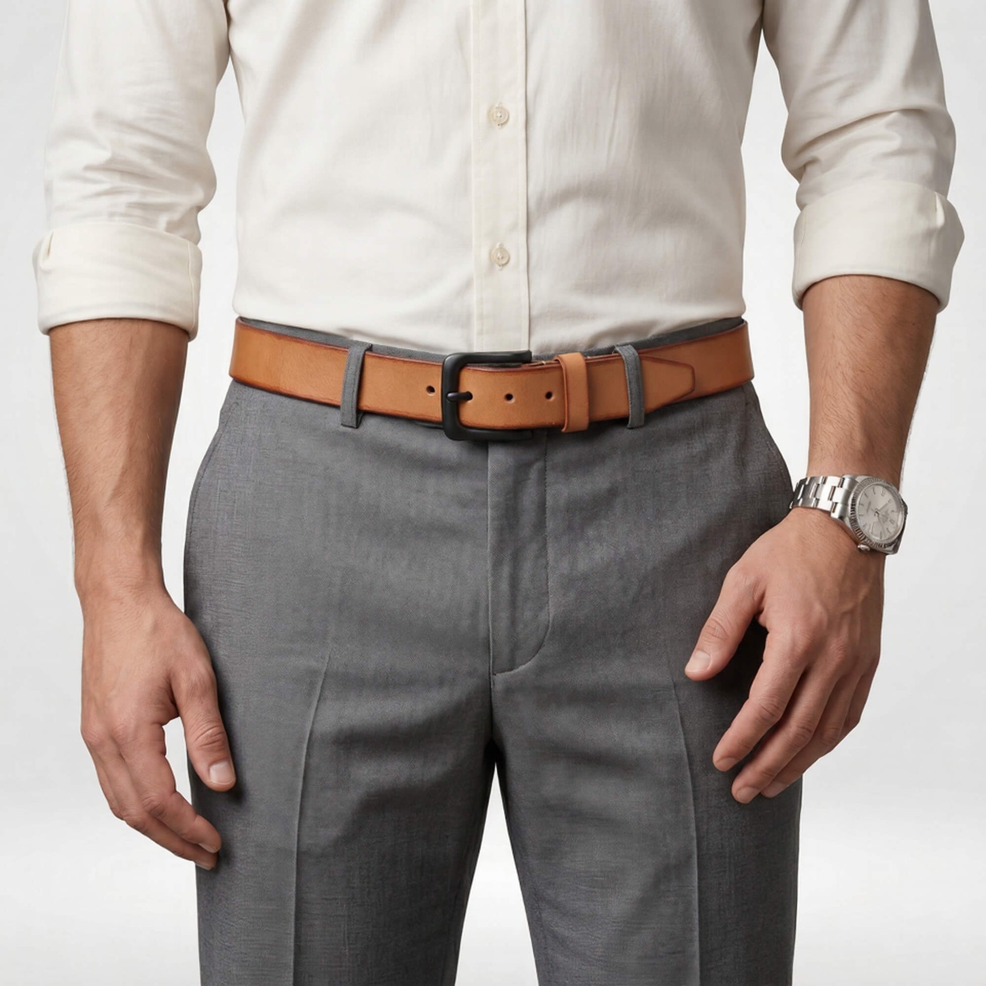 Foster Mens Full Grain Leather Natural Smooth Finish Belt Model Wear Camel Tan