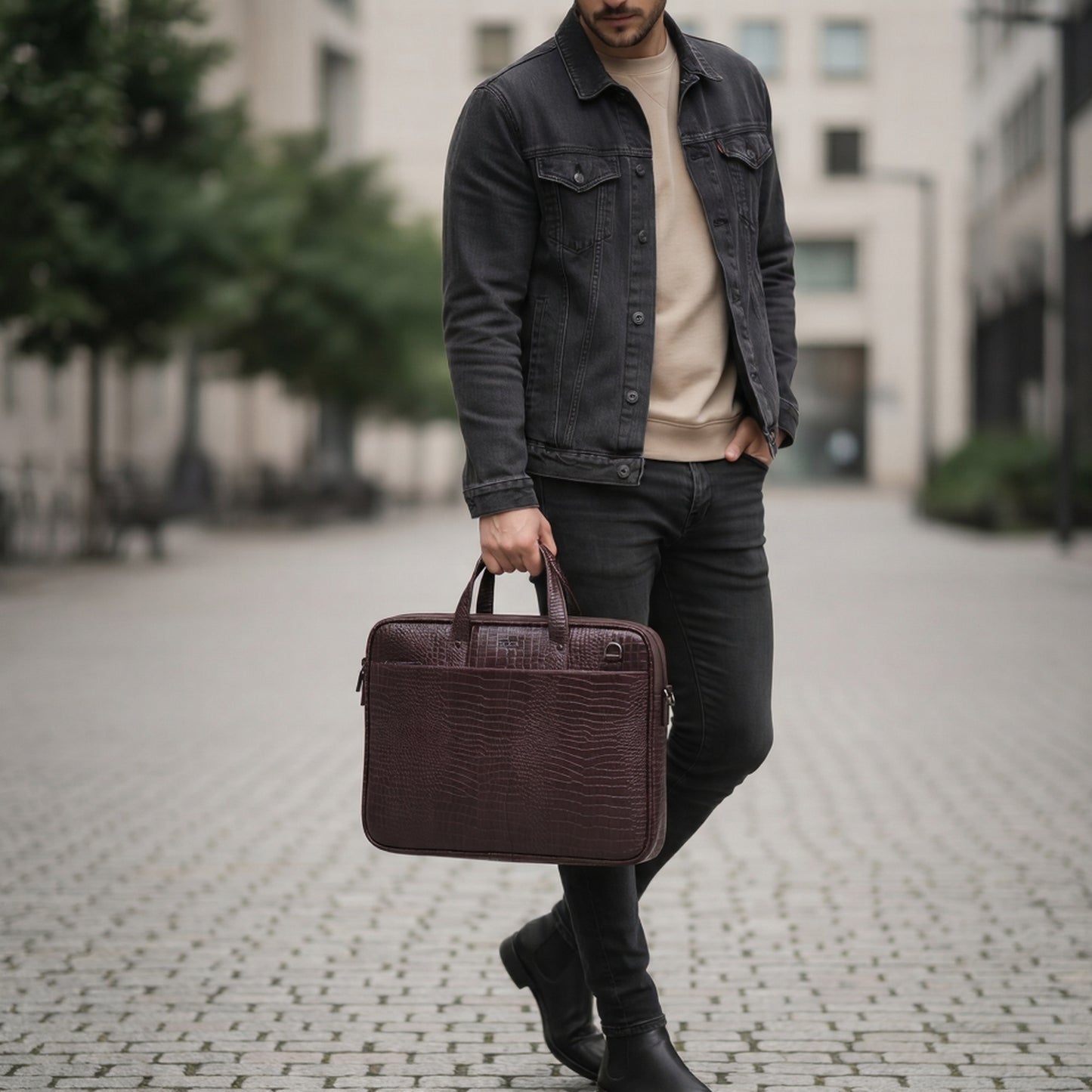 Hudson Croc Leather Sleek Office Laptop Bag for Men Fits Up to 15.6 Inch Laptops