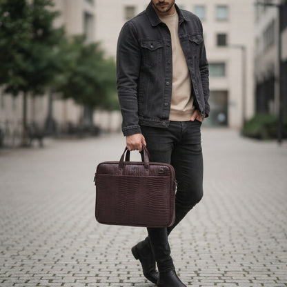 Hudson Croc Leather Sleek Office Laptop Bag for Men Fits Up to 15.6 Inch Laptops