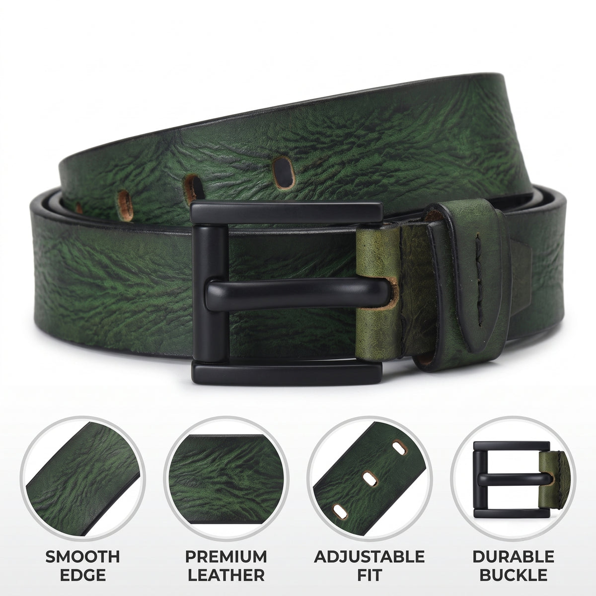 Hammer Elite Mens Full Grain Hand Finished Leather Belt Infographic  Antique Green