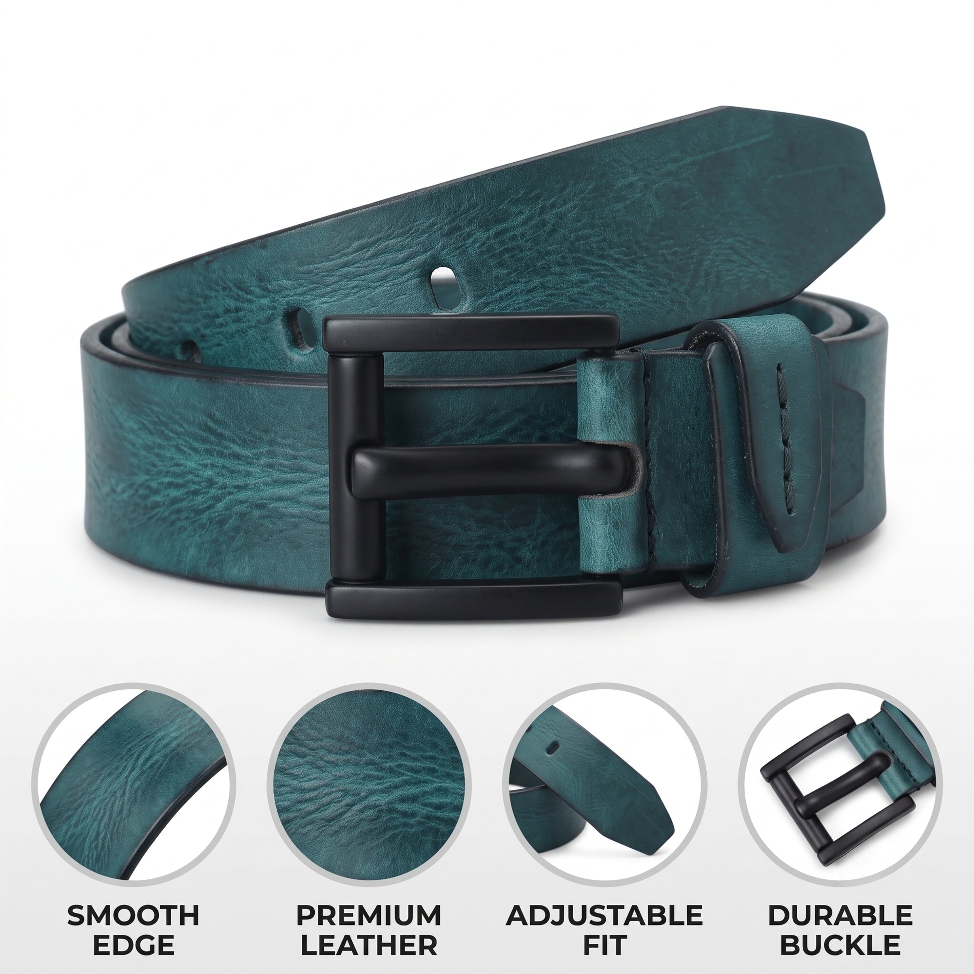 Hammer Elite Mens Full Grain Hand Finished Leather Belt Infographic Teal Blue