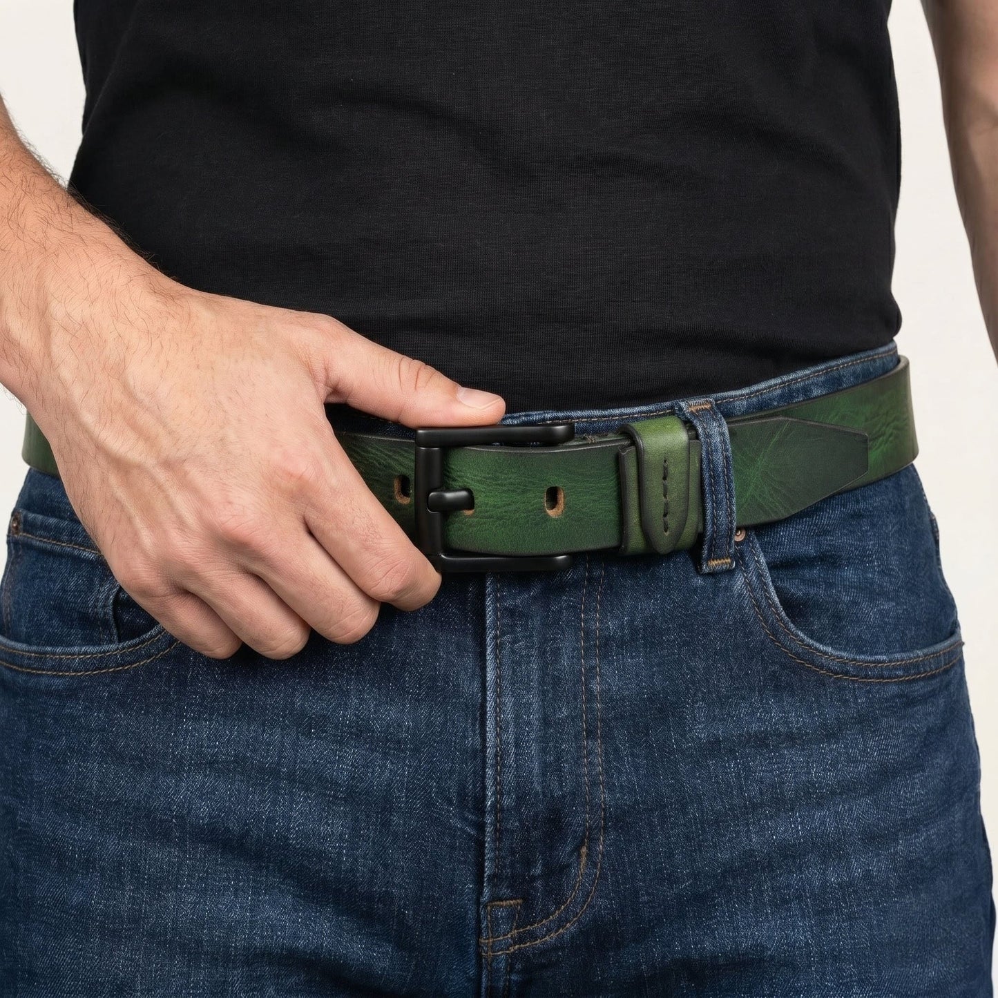 Hammer Elite Mens Full Grain Leather Belt Buckle Focus Antique Green