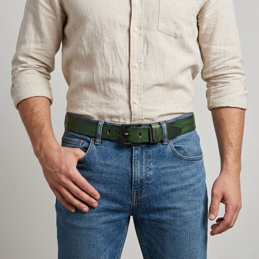 Hammer Elite Mens Full Grain Leather Belt Model Wear Antique Green