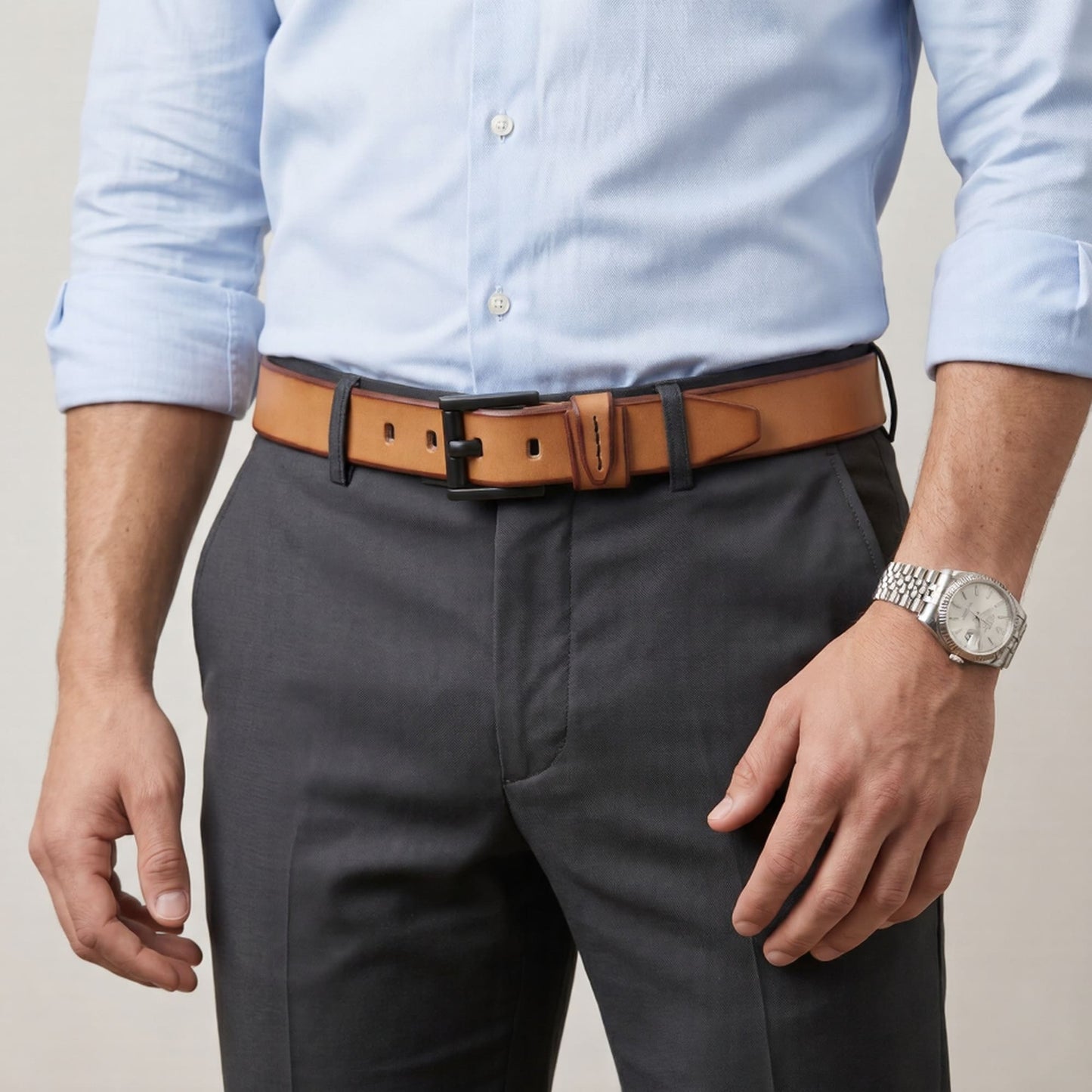 Hammer Elite Mens Full Grain Leather Belt Model Wear Camel Tan