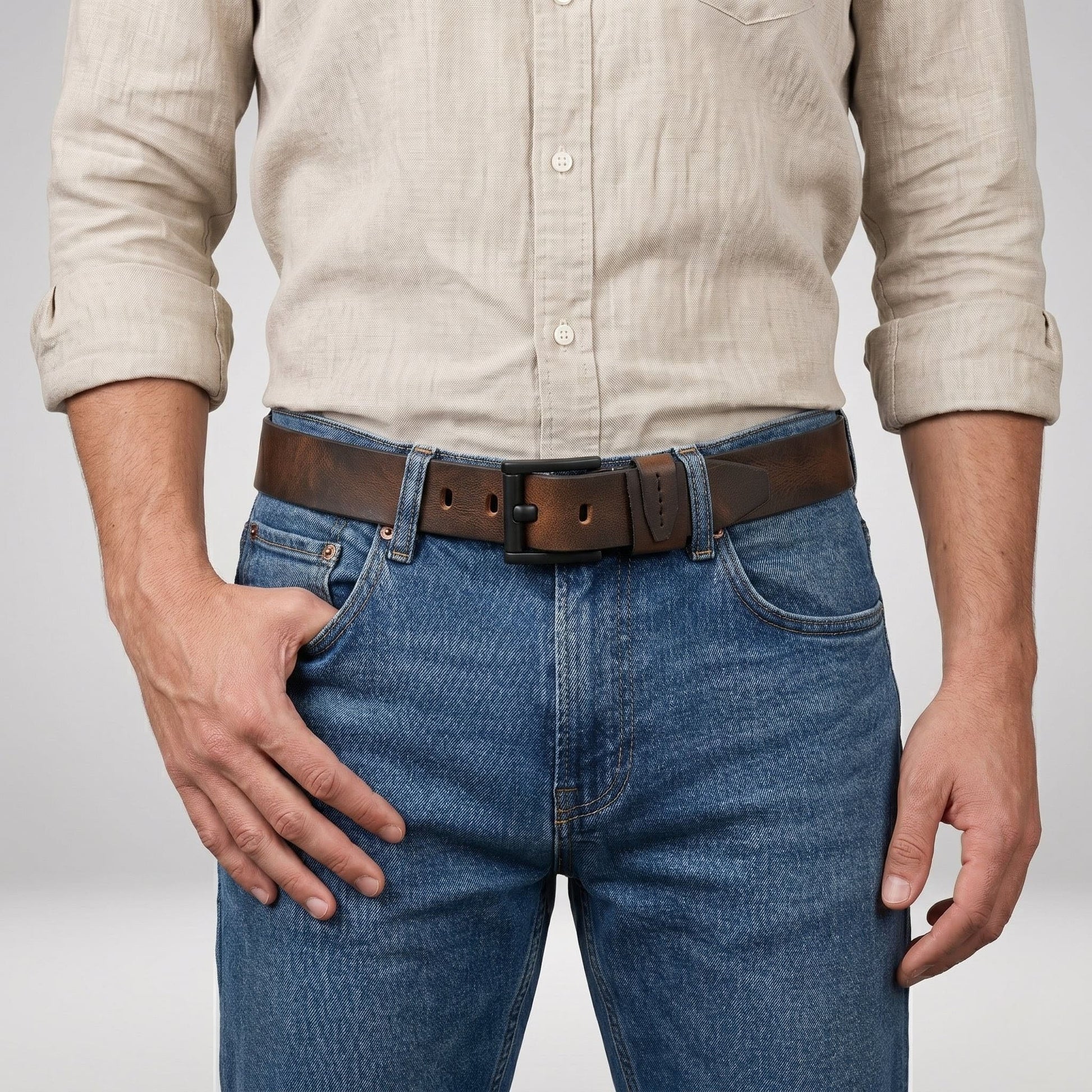Hammer Elite Mens Full Grain Leather Belt Model Wear Ironwood Brown