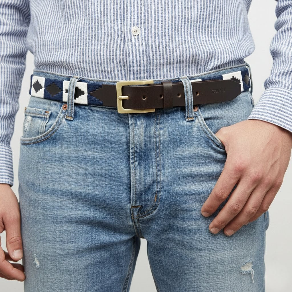 Harbor Polo Mens Leather Belt with Pampa Diamond Model Front Espresso Brown
