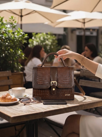 Jasmin Croco Leather Satchel Handbag Lifestyle Dark Walnut