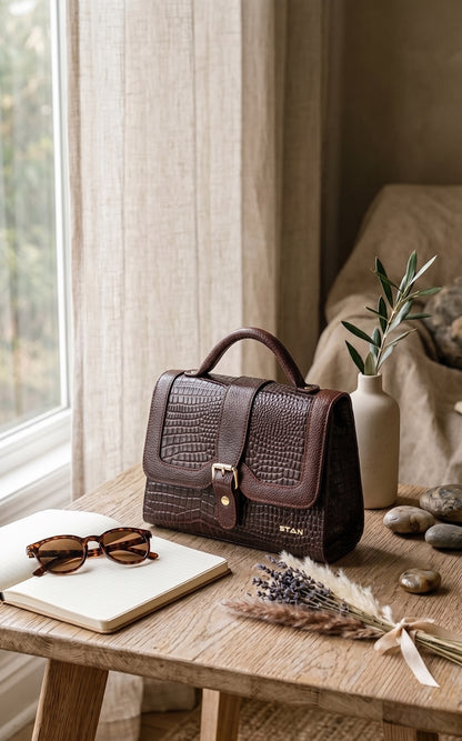 Jasmin Croco Leather Satchel Handbag Lifestyle Oxblood Brown