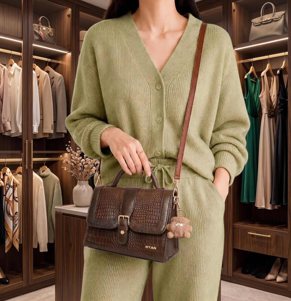 Jasmin Croco Leather Satchel Handbag Model With Sling bag Dark Walnut