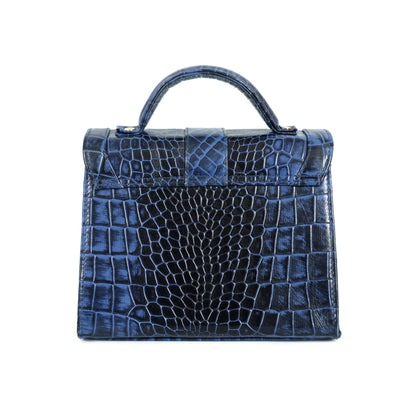 Jasmin Elite Hand-Burnished Croc Leather Mini Satchel Back Steel Blue