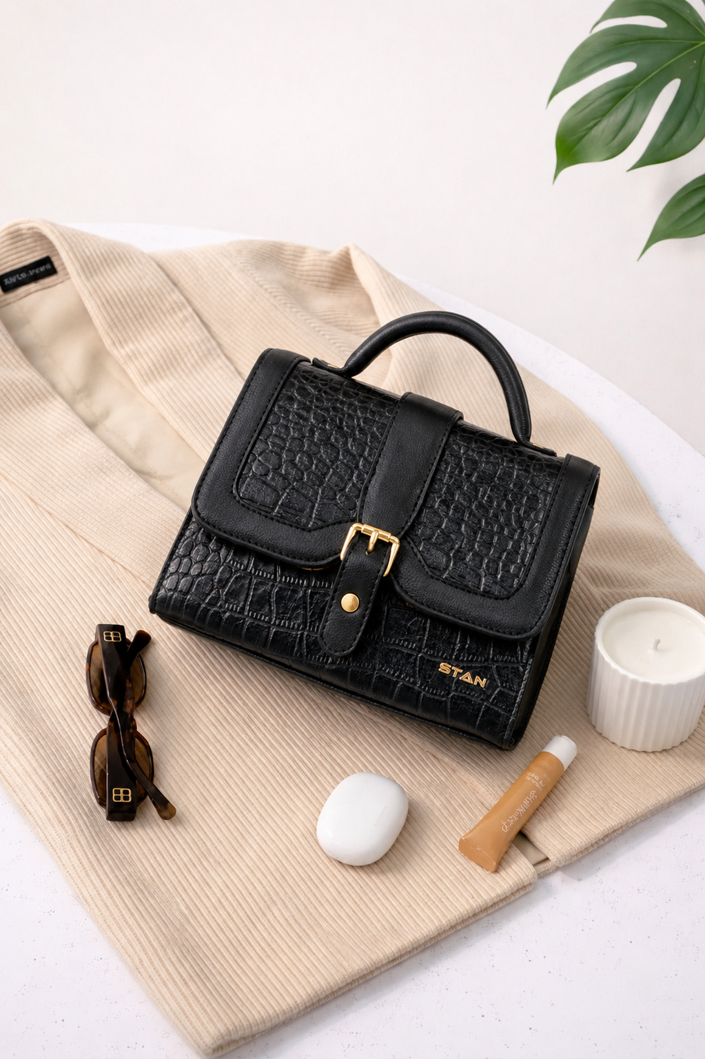 Jasmin Elite Hand-Burnished Croc Leather Mini Satchel Lifestyle  Black