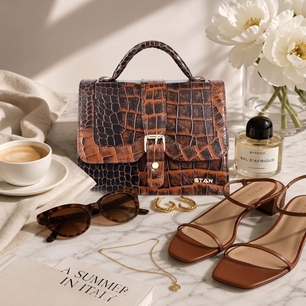 Jasmin Elite Hand-Burnished Croc Leather Mini Satchel Lifestyle Burnt Cognac