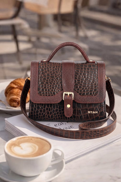 Jasmin Elite Hand-Burnished Croc Leather Mini Satchel Lifestyle  Mahogany Brown 