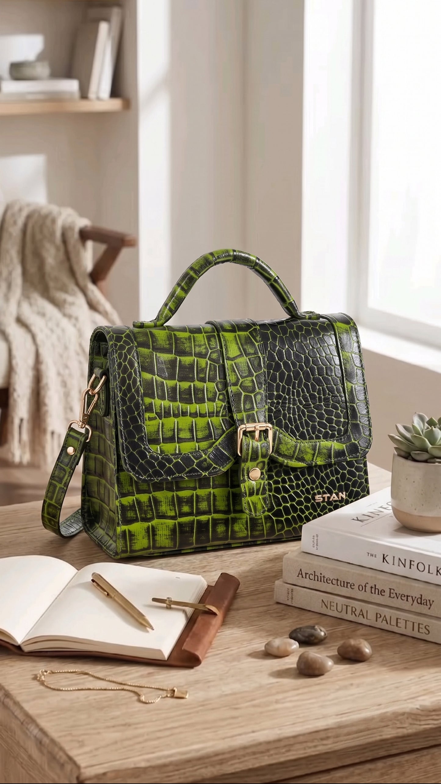 Jasmin Elite Hand-Burnished Croc Leather Mini Satchel Lifestyle  Moss Green
