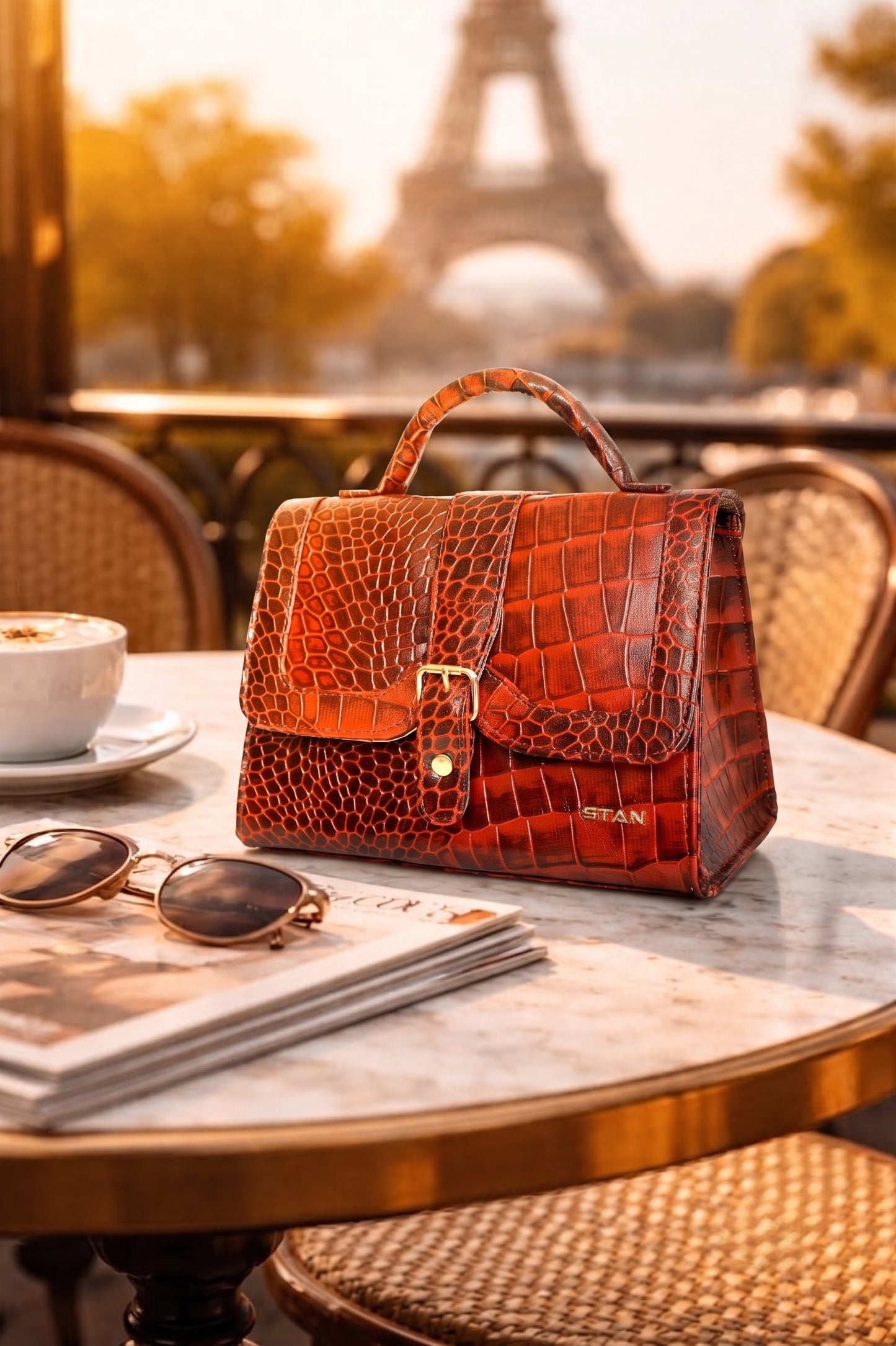 Jasmin Elite Hand-Burnished Croc Leather Mini Satchel Lifestyle Persian Red