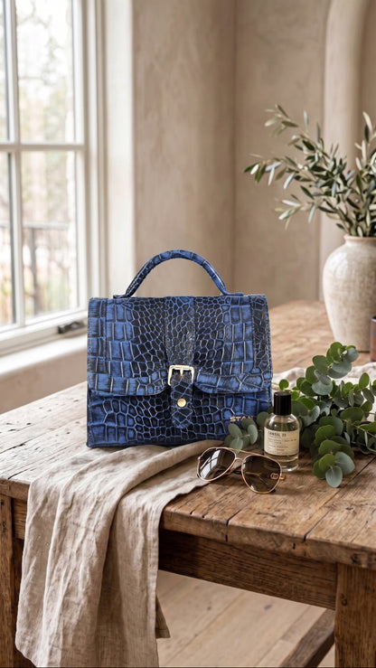 Jasmin Elite Hand-Burnished Croc Leather Mini Satchel Lifestyle Steel Blue