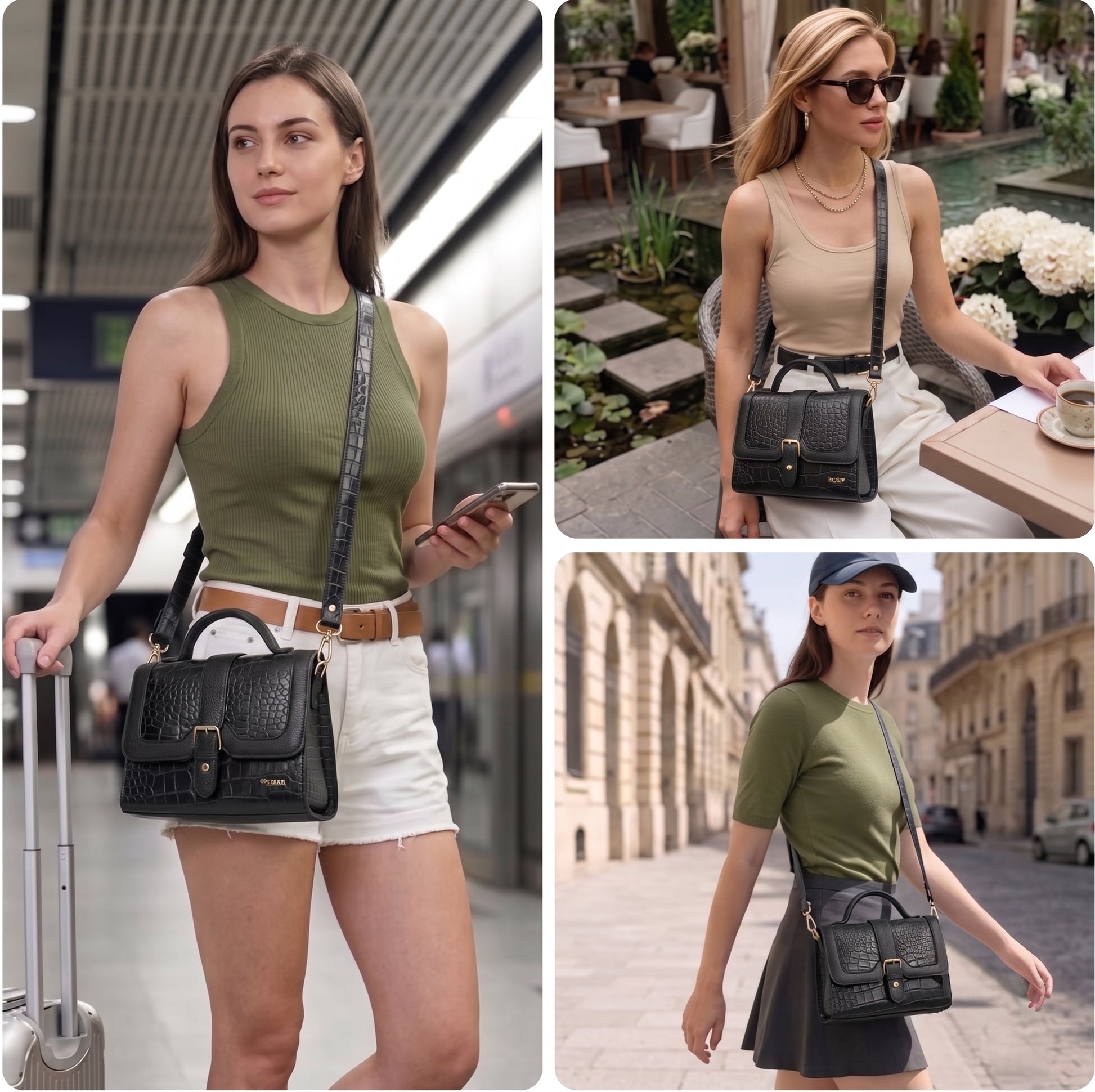 Jasmin Elite Hand-Burnished Croc Leather Mini Satchel Model With Sling bag  Black