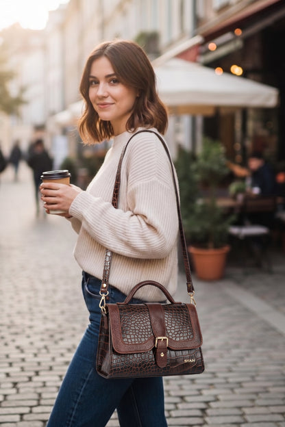 Jasmin Elite Hand-Burnished Croc Leather Mini Satchel Model With Sling bag  Mahogany Brown 