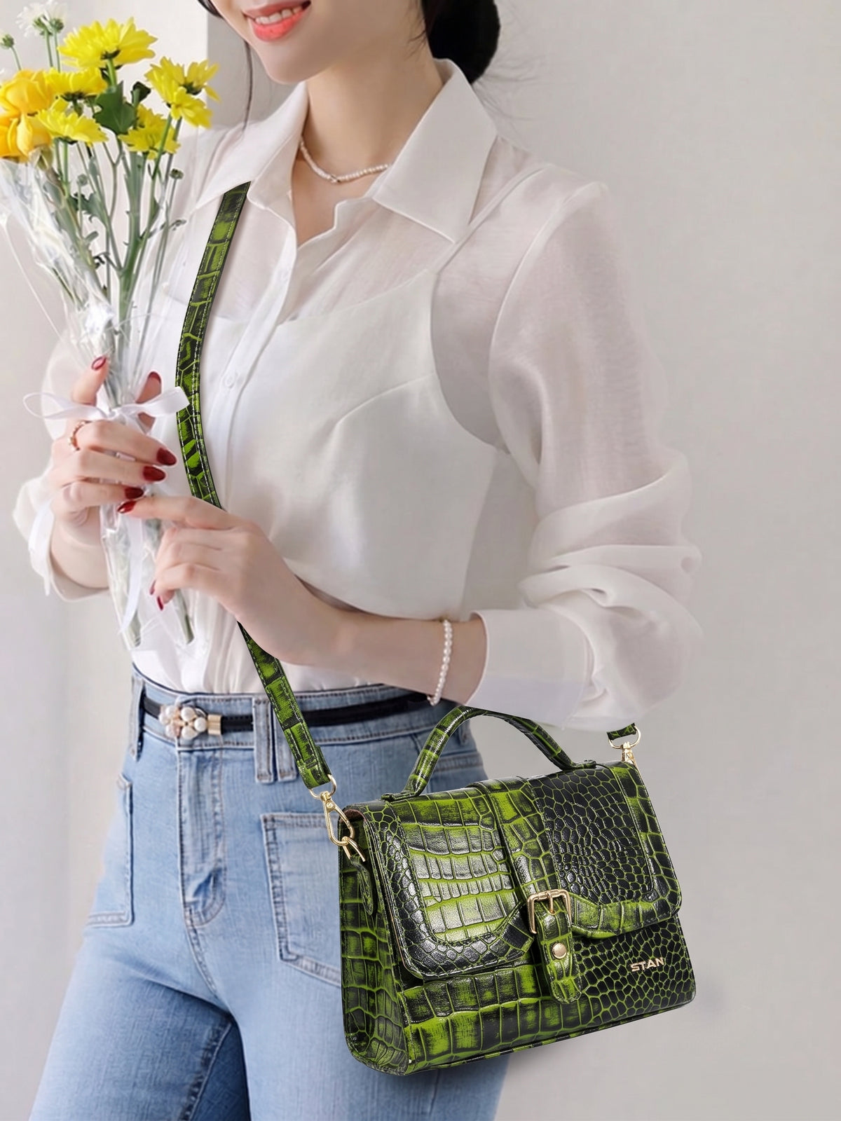 Jasmin Elite Hand-Burnished Croc Leather Mini Satchel Model With Sling bag  Moss Green