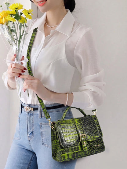 Jasmin Elite Hand-Burnished Croc Leather Mini Satchel Model With Sling bag  Moss Green