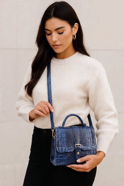 Jasmin Elite Hand-Burnished Croc Leather Mini Satchel Model With Sling bag Steel Blue