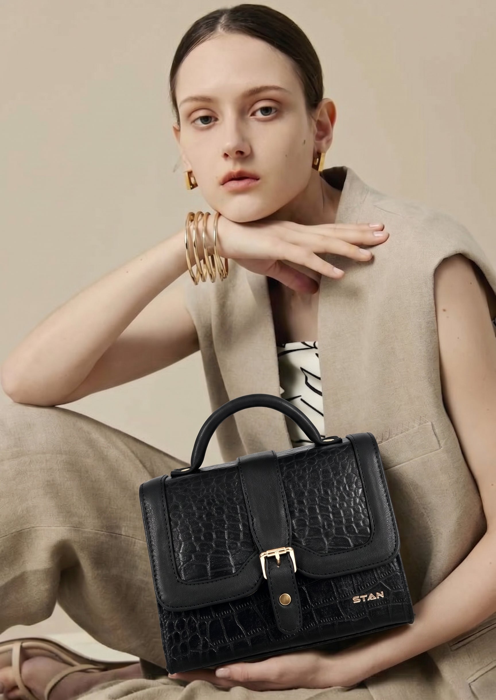 Jasmin Elite Hand-Burnished Croc Leather Mini Satchel Model With bag  Black