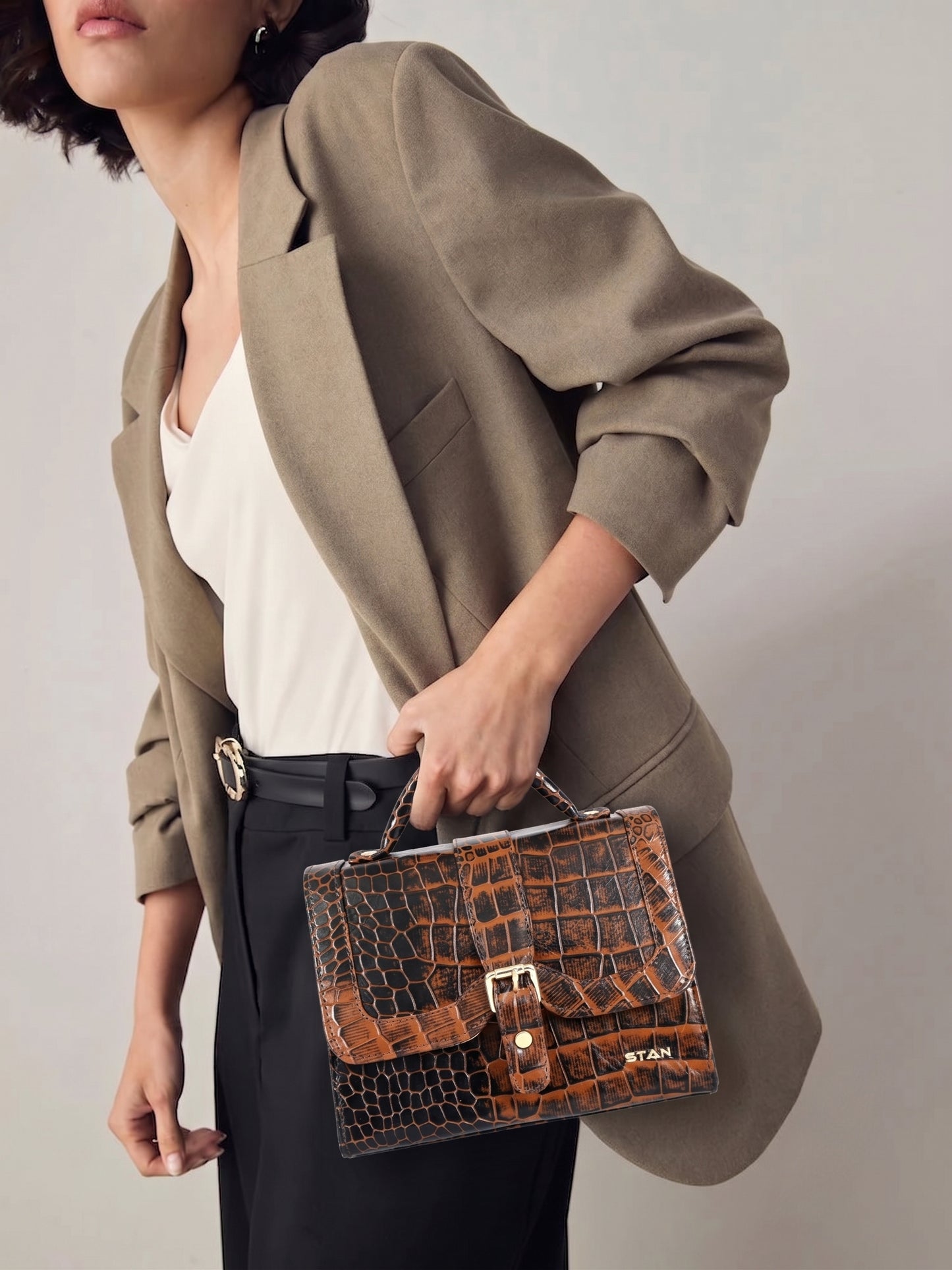 Jasmin Elite Hand-Burnished Croc Leather Mini Satchel Model With bag Burnt Cognac