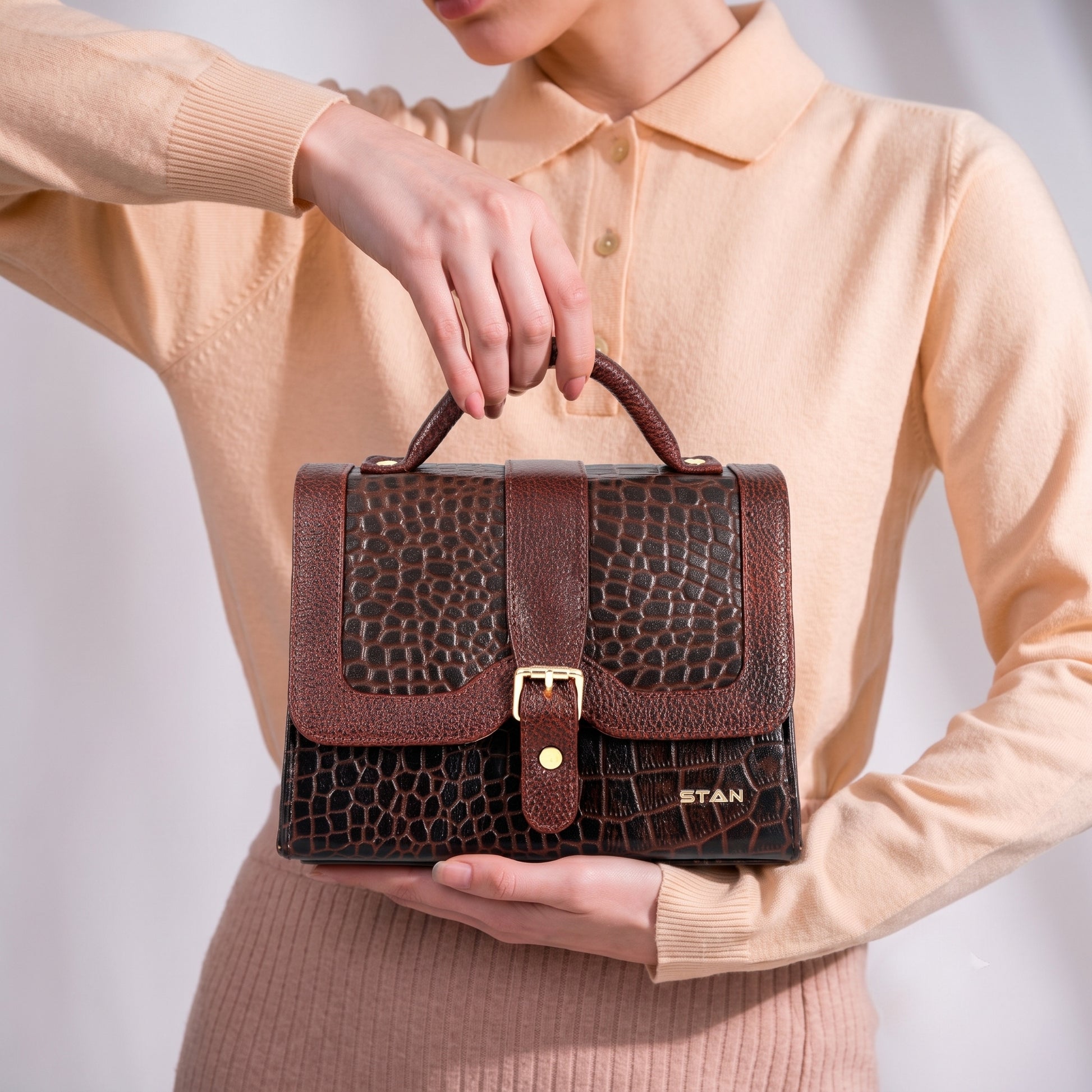 Jasmin Elite Hand-Burnished Croc Leather Mini Satchel Model With bag  Mahogany Brown 
