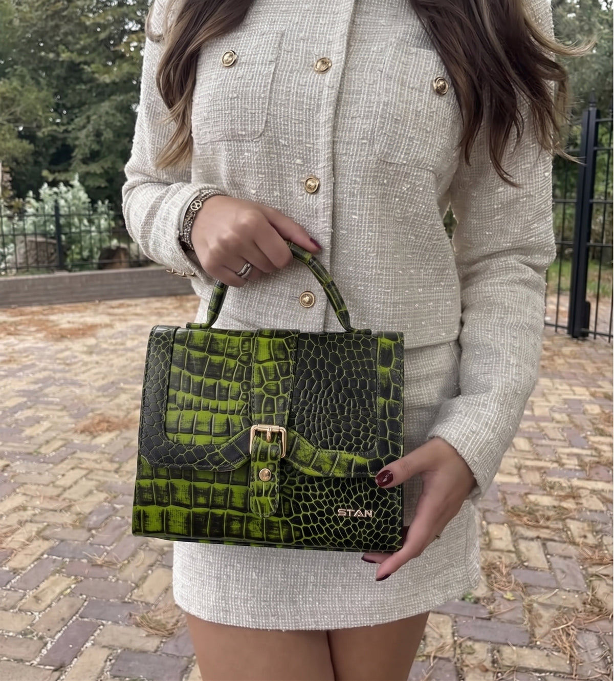 Jasmin Elite Hand-Burnished Croc Leather Mini Satchel Model With bag  Moss Green