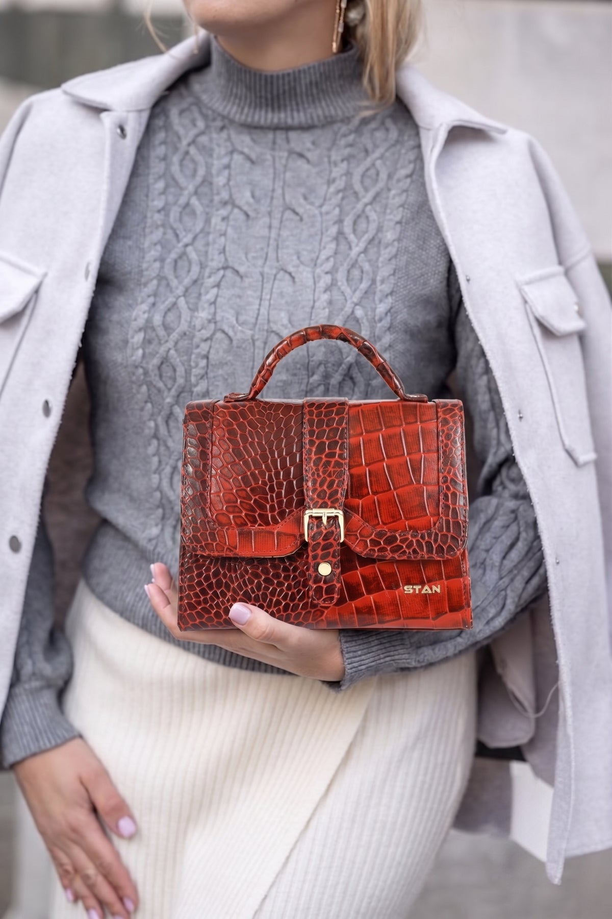 Jasmin Elite Hand-Burnished Croc Leather Mini Satchel Model With bag Persian Red