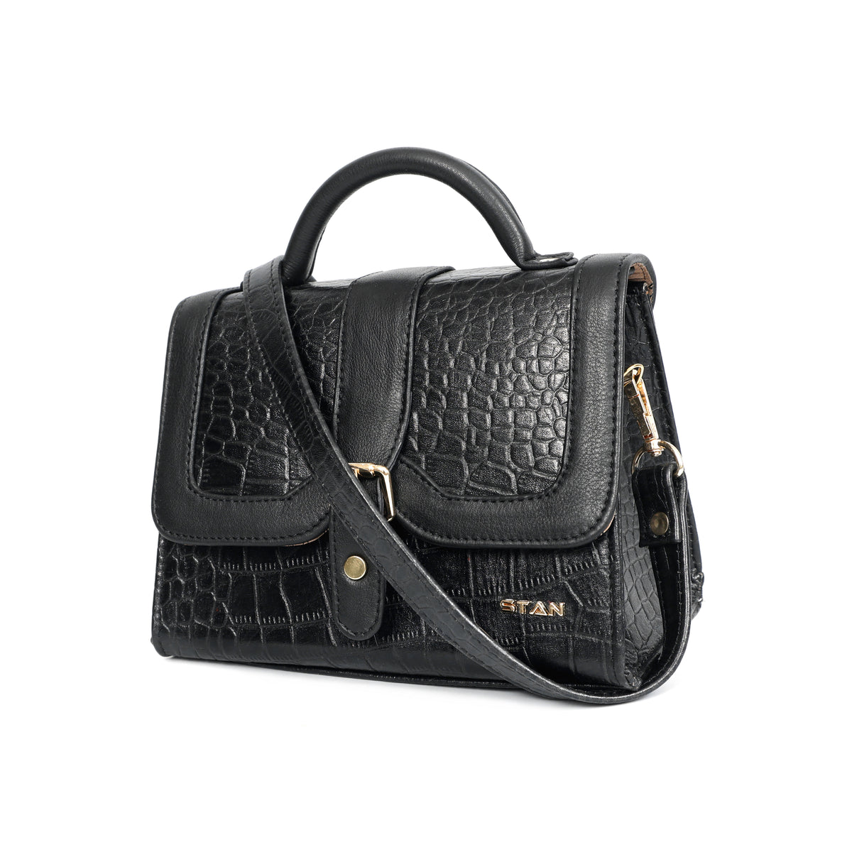 Jasmin Elite Hand-Burnished Croc Leather Mini Satchel Sling  Black