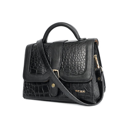 Jasmin Elite Hand-Burnished Croc Leather Mini Satchel Sling  Black