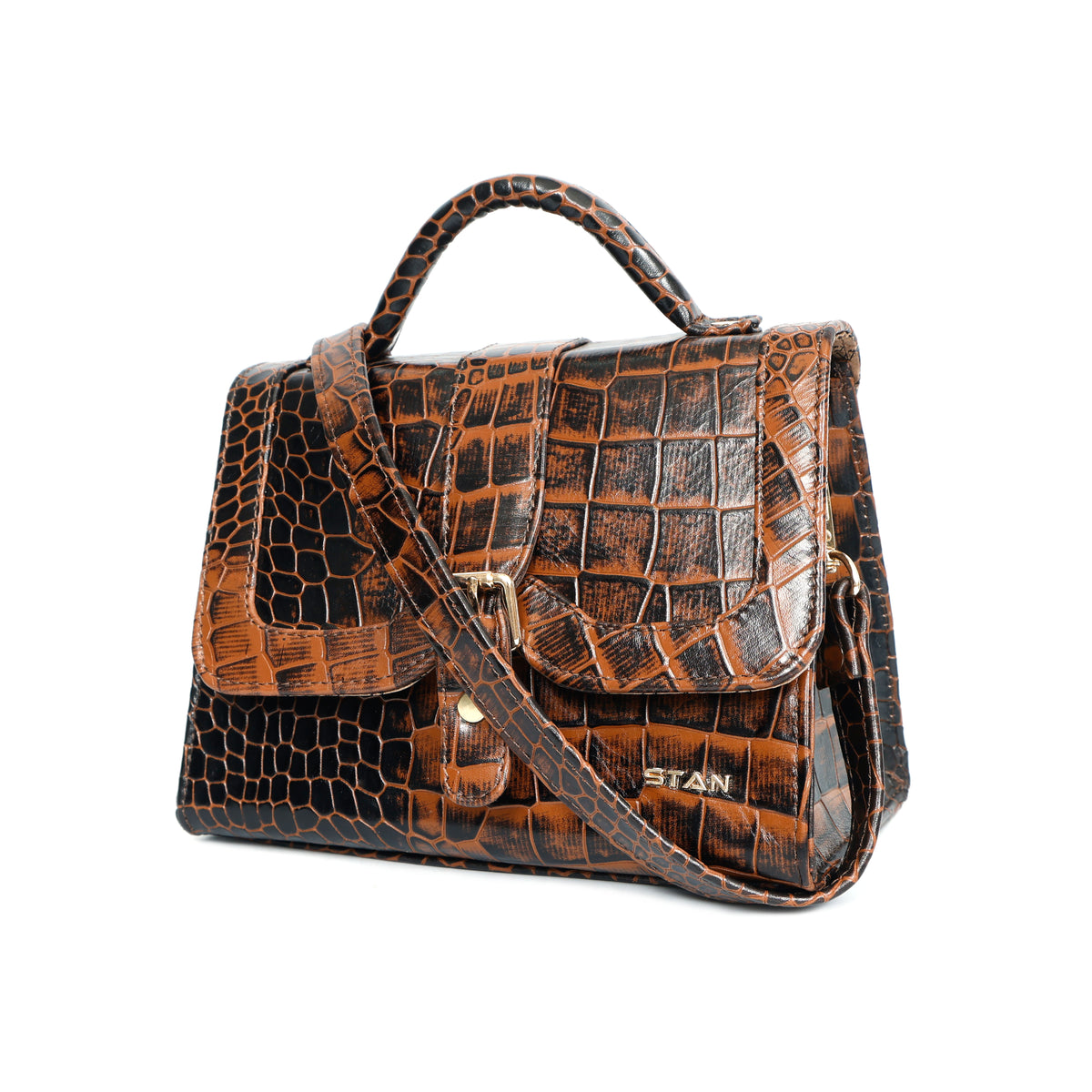 Jasmin Elite Hand-Burnished Croc Leather Mini Satchel Sling Burnt Cognac