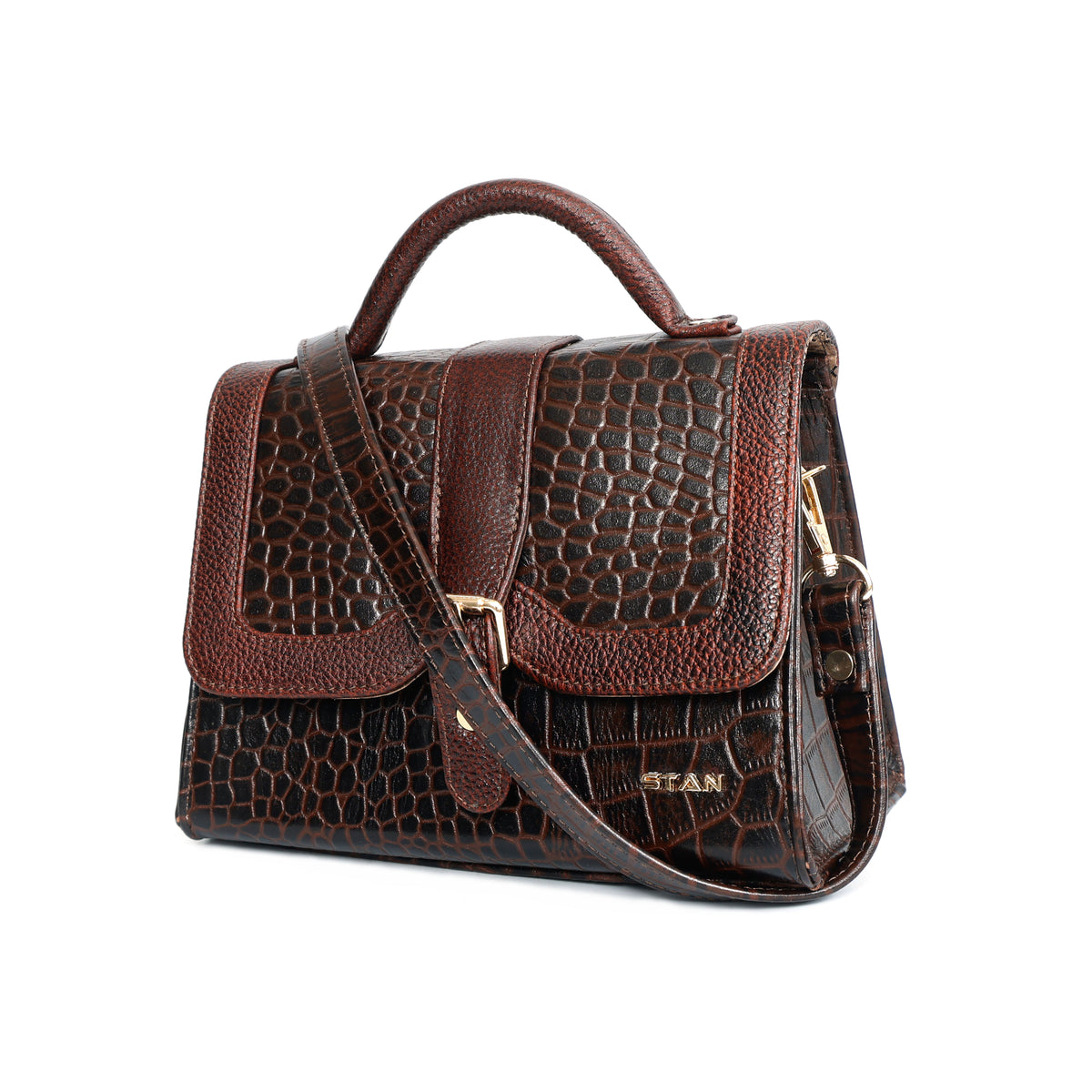 Jasmin Elite Hand-Burnished Croc Leather Mini Satchel Sling  Mahogany Brown 