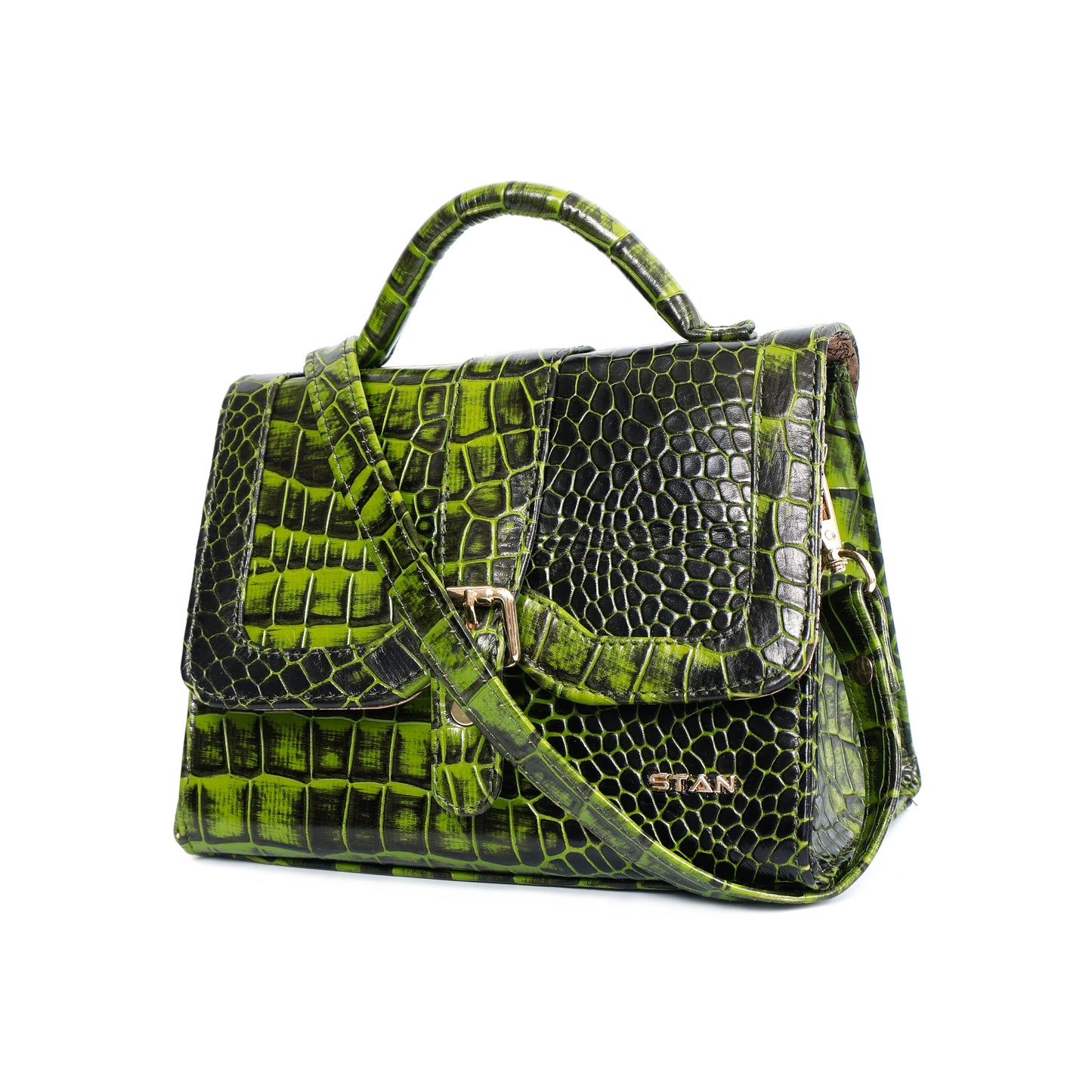 Jasmin Elite Hand-Burnished Croc Leather Mini Satchel Sling  Moss Green