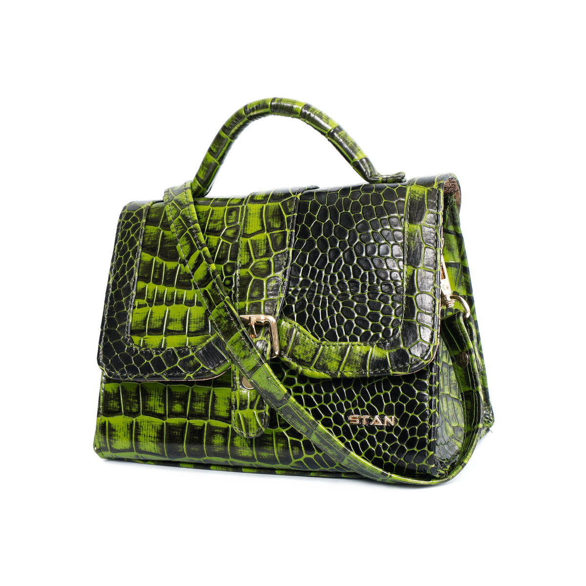 Jasmin Elite Hand-Burnished Croc Leather Mini Satchel Sling  Moss Green