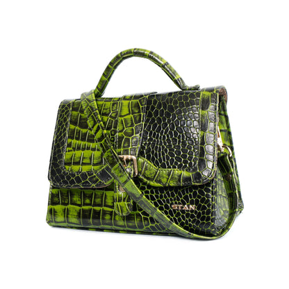 Jasmin Elite Hand-Burnished Croc Leather Mini Satchel Sling  Moss Green